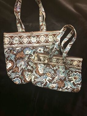 Vera Bradley Bundle-TWO Quilted Brown & Teal Floral Tote Bags